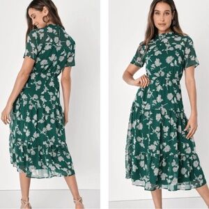 Lulus Dark Green Floral Print Midi Dress